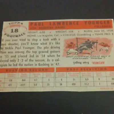 Topps 1956 - Paul Younger Los Angeles Rams #18. (RC) NFL. *crease. VG+ - Football Card Single