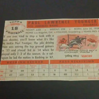 Topps 1956 - Paul Younger Los Angeles Rams #18. (RC) NFL. *crease. VG+ - Football Card Single