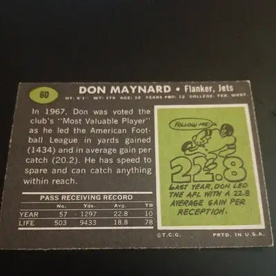 Topps 1969 Topps - Don Maynard #100. New York Jets. NFL Football Base Set - Football Card Single