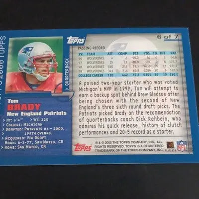 Topps 2000 - Tom Brady New England Patriots #6 of 7. 50 Years Insert. NRMT+ - Football Card Single