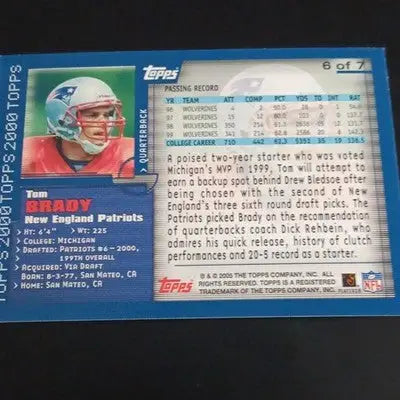 Topps 2000 - Tom Brady New England Patriots #6 of 7. 50 Years Insert. NRMT+ - Football Card Single