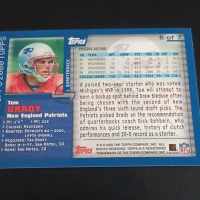 Topps 2000 - Tom Brady New England Patriots #6 of 7. 50 Years Insert. NRMT+ - Football Card Single
