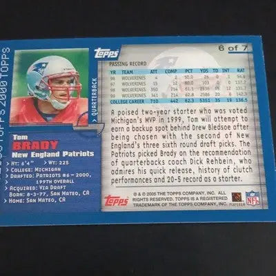 Topps 2000 - Tom Brady New England Patriots #6 of 7. 50 Years Insert. NRMT+ - Football Card Single