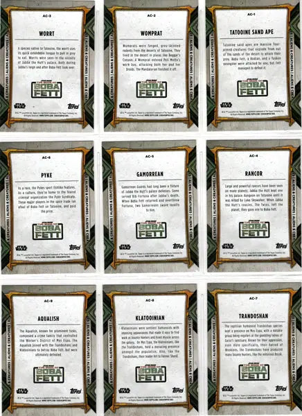 Collection of ten trading cards featuring Topps 2022 Star Wars Boba Fett Aliens Creatures