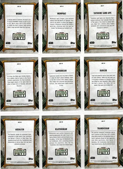 Collection of ten trading cards featuring Topps 2022 Star Wars Boba Fett Aliens Creatures