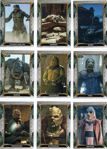Topps 2022 Star Wars trading cards featuring ten alien creatures and characters set