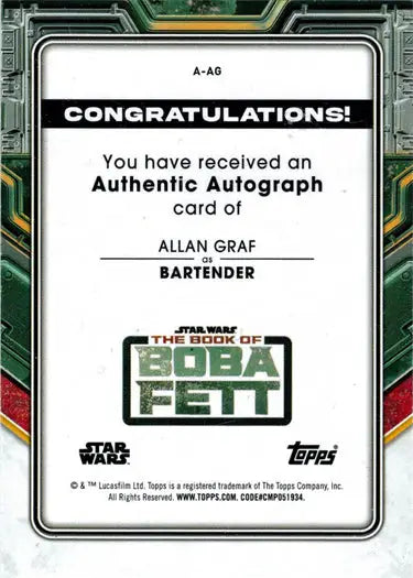 Topps Star Wars autograph card featuring Allan Graf as Bartender from The Book of Boba Fett