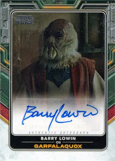 Signed Star Wars trading card of Carfalaquox in red robes by Barry Lowin
