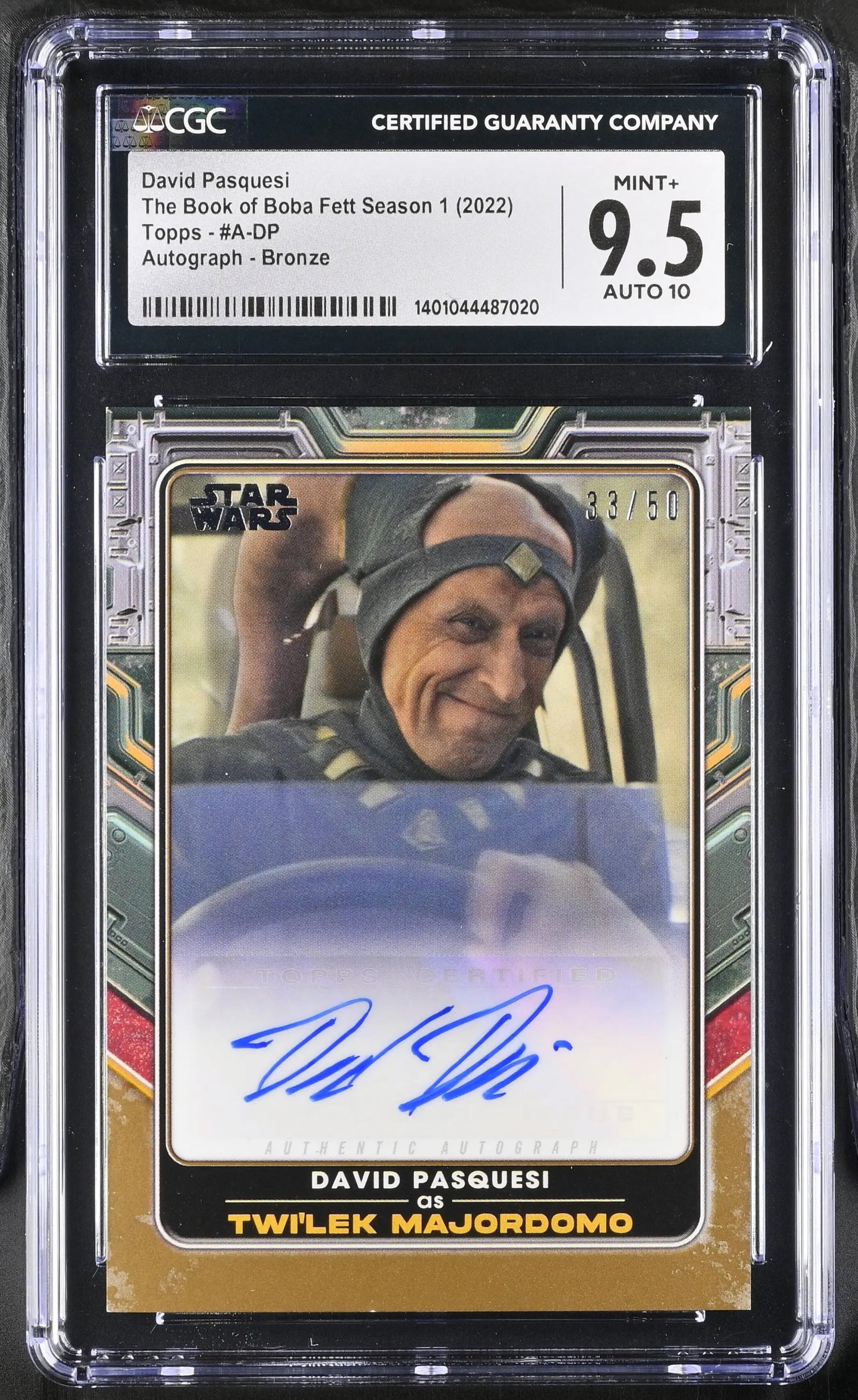 Graded David Pasquesi autographed Star Wars Boba Fett trading card in Mint+ condition