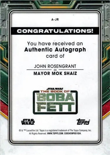 Autograph card featuring Mayor Mok Shaiz’s signature from Topps 2022 Star Wars trading cards