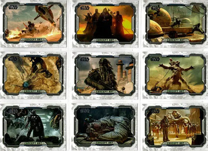 Collection of Star Wars trading cards showcasing concept art from The Mandalorian series