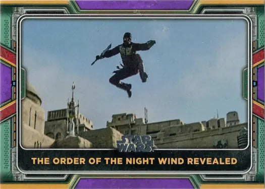 Figure in dark clothing leaps with weapon on Topps 2022 Star Wars Boba Fett Purple Parallel card