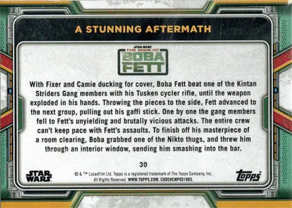 Trading card of Boba Fett in action from Topps 2022 Star Wars Purple Parallel set