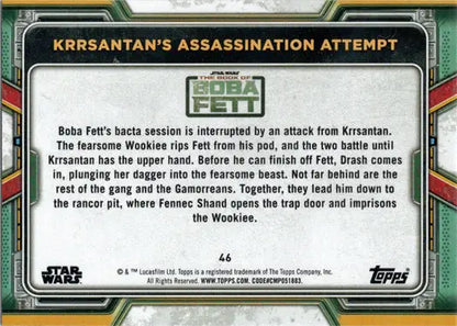 Krrsantan’s assassination attempt on Topps 2022 Star Wars Boba Fett Purple Parallel trading card
