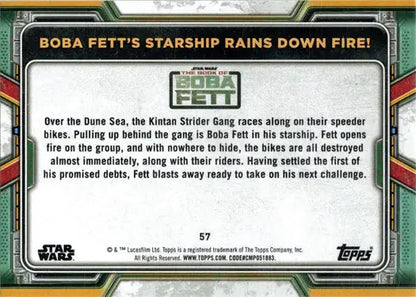 Trading card depicting Boba Fett attacking Kutan Strider Gang in purple parallel design