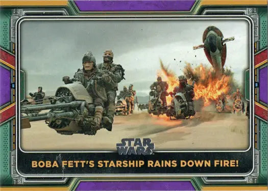 Purple parallel trading card featuring an action scene from Star Wars with speeder bikes