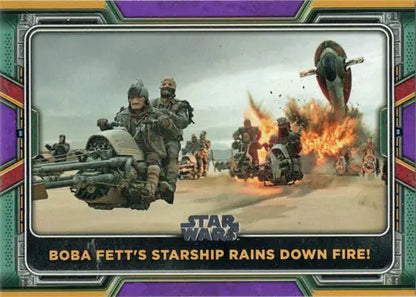 Purple parallel trading card featuring an action scene from Star Wars with speeder bikes