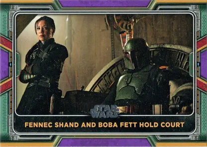 Purple parallel trading card of Fennec Shand and Boba Fett in throne room scene