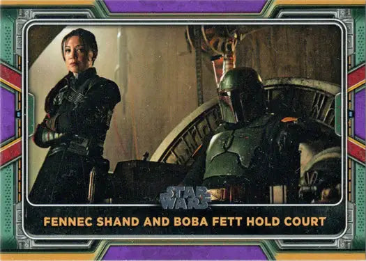 Purple parallel trading card of Fennec Shand and Boba Fett in throne room scene