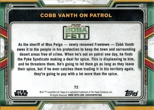 Cobb Vanth patrolling Mos Pelgo on Topps 2022 Star Wars Boba Fett Purple Parallel trading card