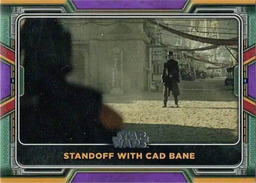 Trading card featuring Star Wars standoff with Cad Bane in purple parallel design