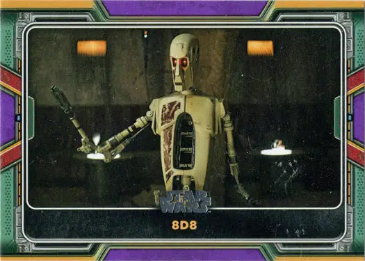 Tall metallic droid with articulated limbs on Topps 2022 Star Wars Boba Fett Purple Parallel Card