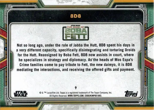 Topps 2022 Trading Card of 8D8’s backstory in Star Wars Purple Parallel edition