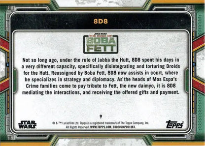 Topps 2022 Trading Card of 8D8’s backstory in Star Wars Purple Parallel edition