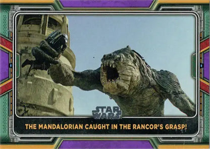 Rancor monster with open mouth on Topps 2022 Star Wars Boba Fett Purple Parallel Card