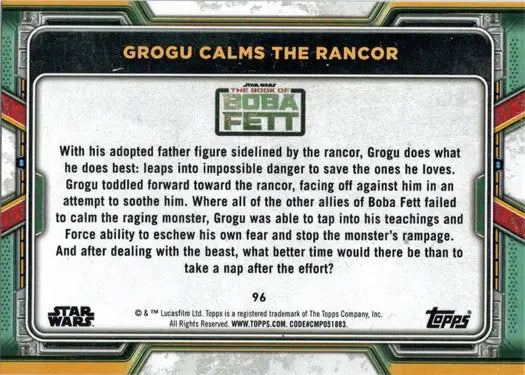 Trading card featuring Grogu calming a Rancor from Topps 2022 Star Wars Purple Parallel