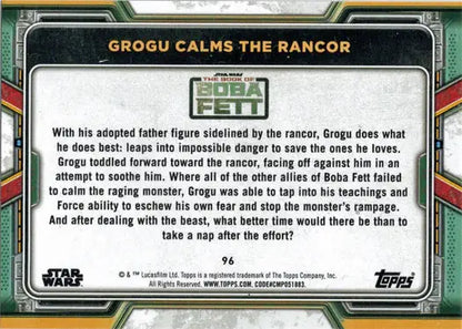 Trading card featuring Grogu calming a Rancor from Topps 2022 Star Wars Purple Parallel