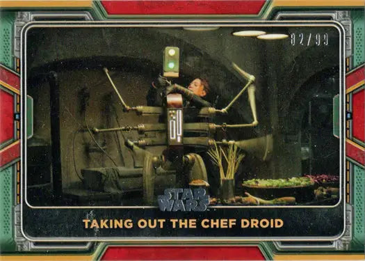 Red parallel trading card featuring a scene of a disabled chef droid from Star Wars