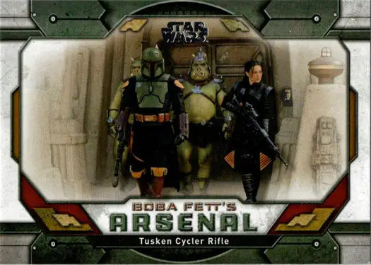 Boba Fett’s Arsenal trading card showcasing Tusken Cycler Rifle from Topps ten card set