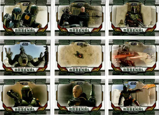 Collection of Star Wars trading cards showcasing Boba Fett action scenes in ten card set