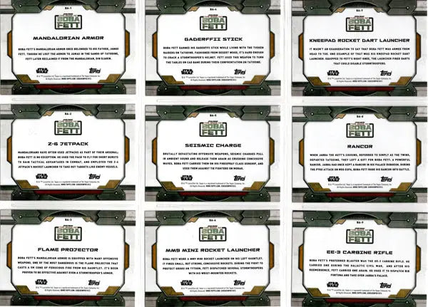 Topps 2022 Star Wars trading cards set featuring ten card Boba Fett’s Arsenal design