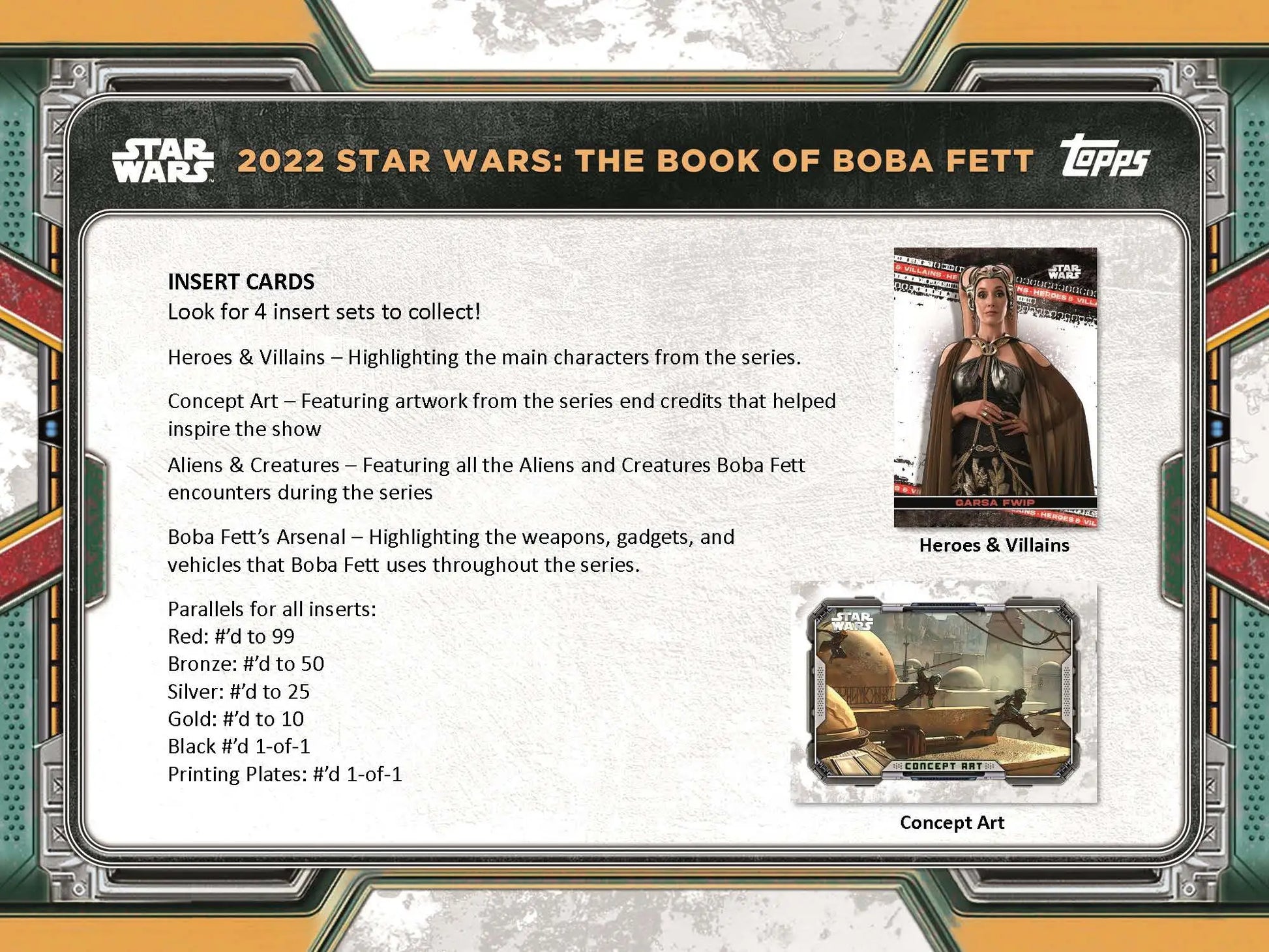 Trading card information sheet for 2022 Star Wars Boba Fett Topps collection