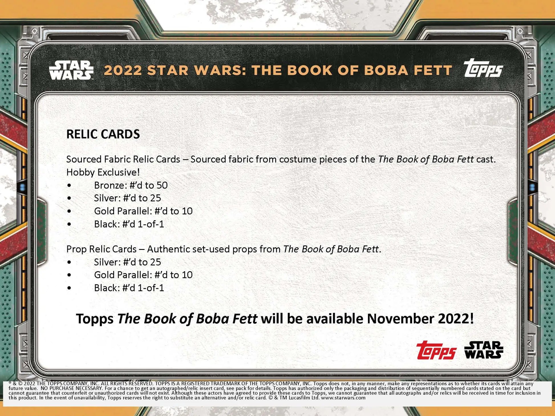 Information card showcasing relic cards from Star Wars Boba Fett trading cards series