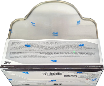 Baseball card box display case featuring Topps 2022 Star Wars Boba Fett trading cards