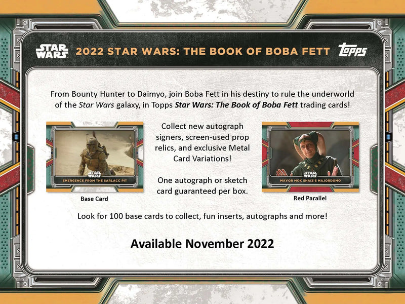 Advertisement for Topps 2022 Star Wars Boba Fett trading cards in Hobby Tin Boxes