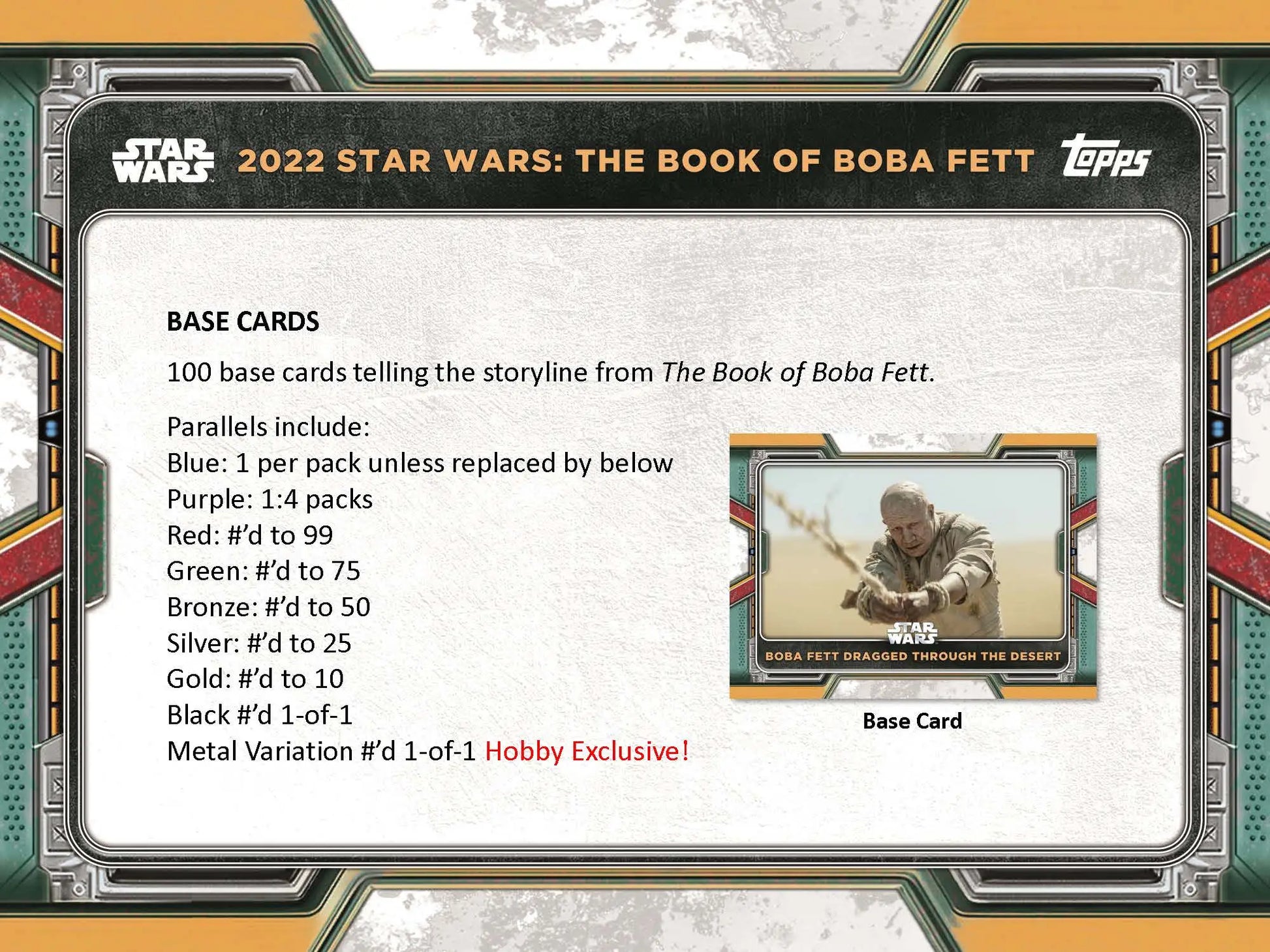 Trading card information panel for Star Wars Boba Fett base set and parallel variants