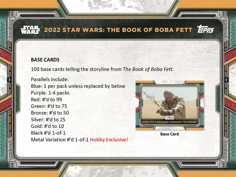 Trading card information panel for Star Wars Boba Fett base set and parallel variants