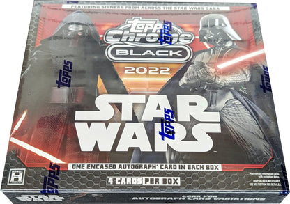 Sealed Topps 2022 Star Wars Chrome Black Hobby Box with star wars base cards and autograph
