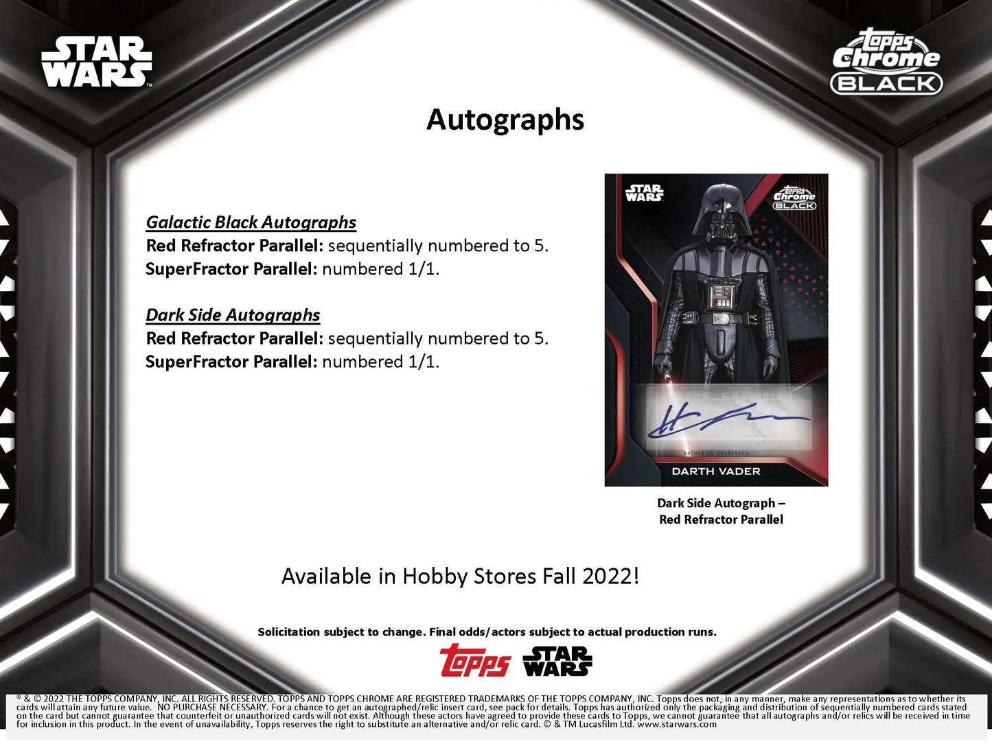 Star Wars Chrome Black trading card autographs display featuring Darth Vader autograph card