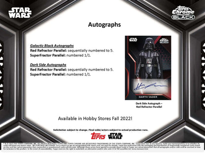 Star Wars Chrome Black trading card autographs display featuring Darth Vader autograph card