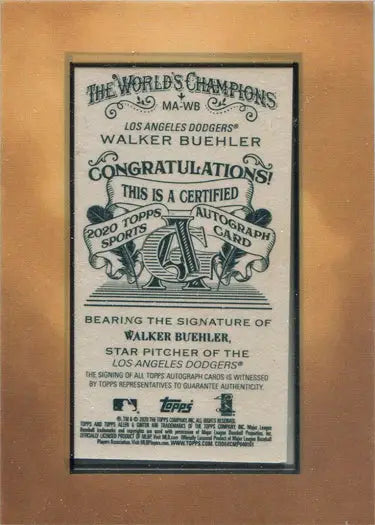 Framed certificate honoring Walker Buehler as a World Series champion with Dodgers Autograph Card