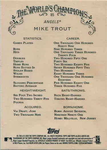 Mike Trout Topps Allen & Ginter 2020 Silver Frame Parallel Card showcasing player stats