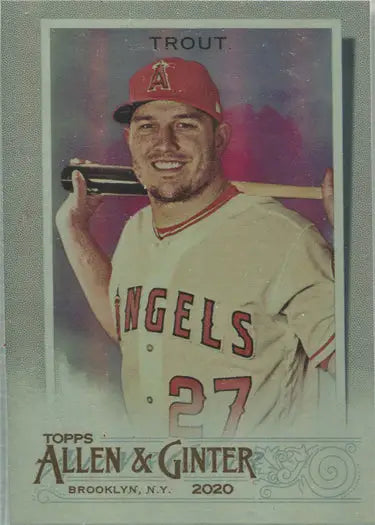 Baseball card of Angels player Mike Trout in silver frame parallel 27 jersey holding bat