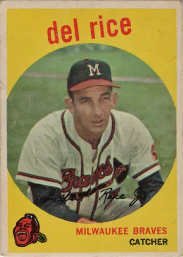 Vintage 1959 Topps Baseball Base Card 104 Del Rice Milwaukee Braves Catcher Trading Card