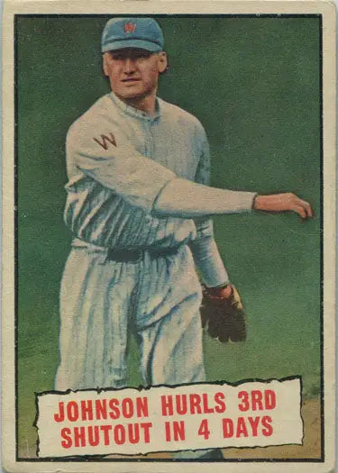 Vintage baseball card featuring Johnson Hurls 3rd Shutout from Topps Baseball 1961 Baseball Thrills