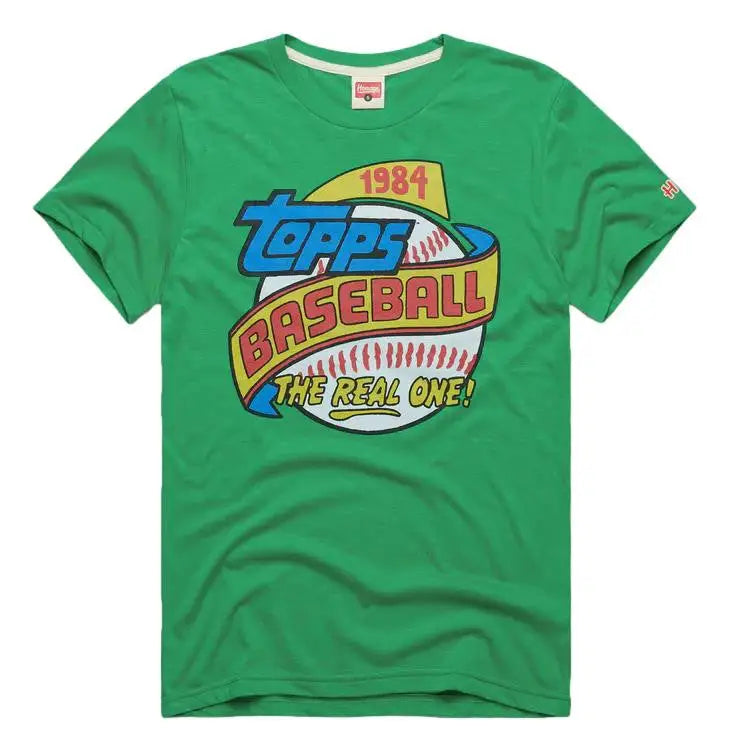 Green T-shirt with vintage 1984 Topps Baseball logo, perfect for baseball cards fans